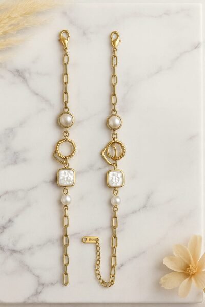 Elegant Pearl & Geometric Link Bracelet - Image 2