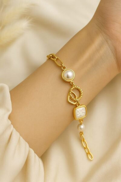 Elegant Pearl & Geometric Link Bracelet - Image 3