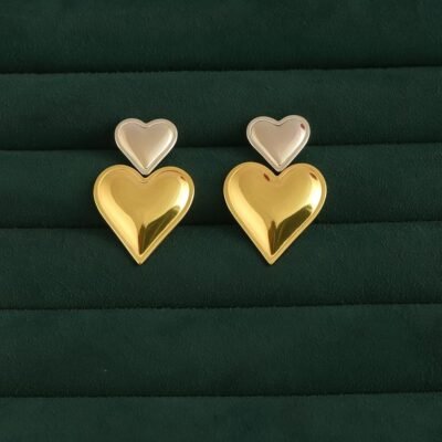 Dual Tone Heart Drop Earrings - Image 3