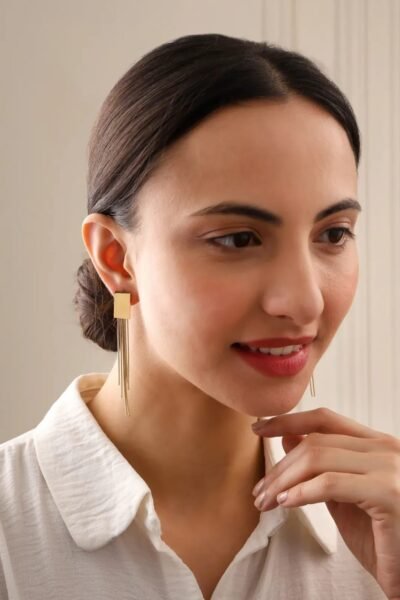 Modern Minimal Gold Tassel Earrings - Image 2