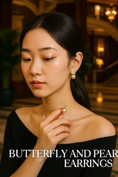 Golden Butterfly Pearl Stud Earrings - Image 2
