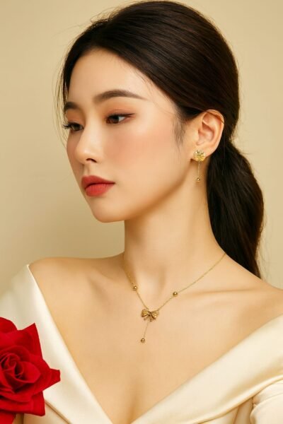 Golden Bow Pendant Necklace & Drop Earrings Combo Set