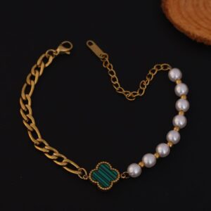 Emerald Clover & Pearl Link Bracelet