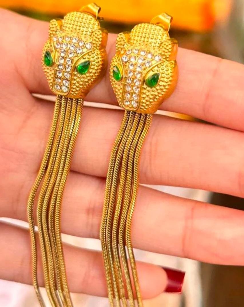 Emerald Panther Tassel Statement Earrings