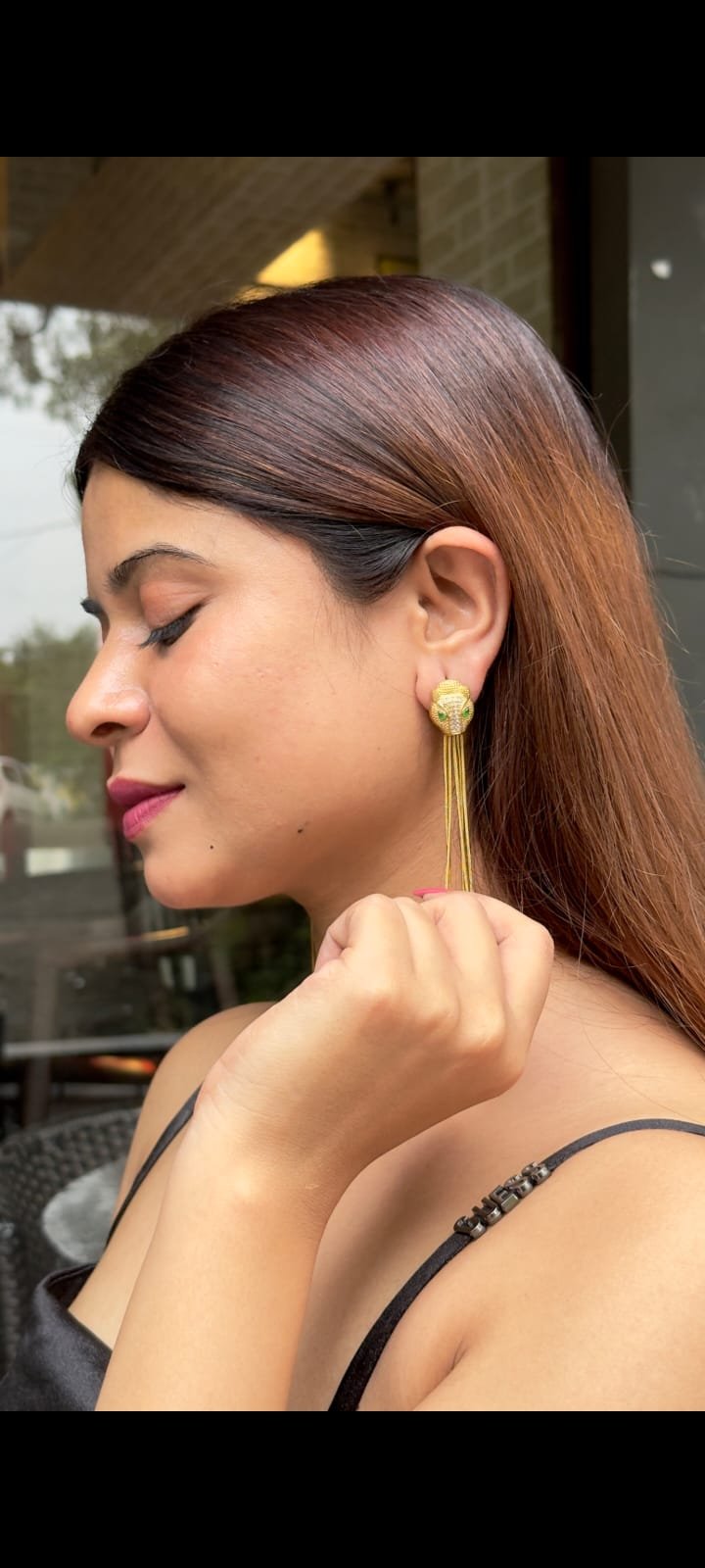 Emerald Panther Tassel Statement Earrings - Image 3