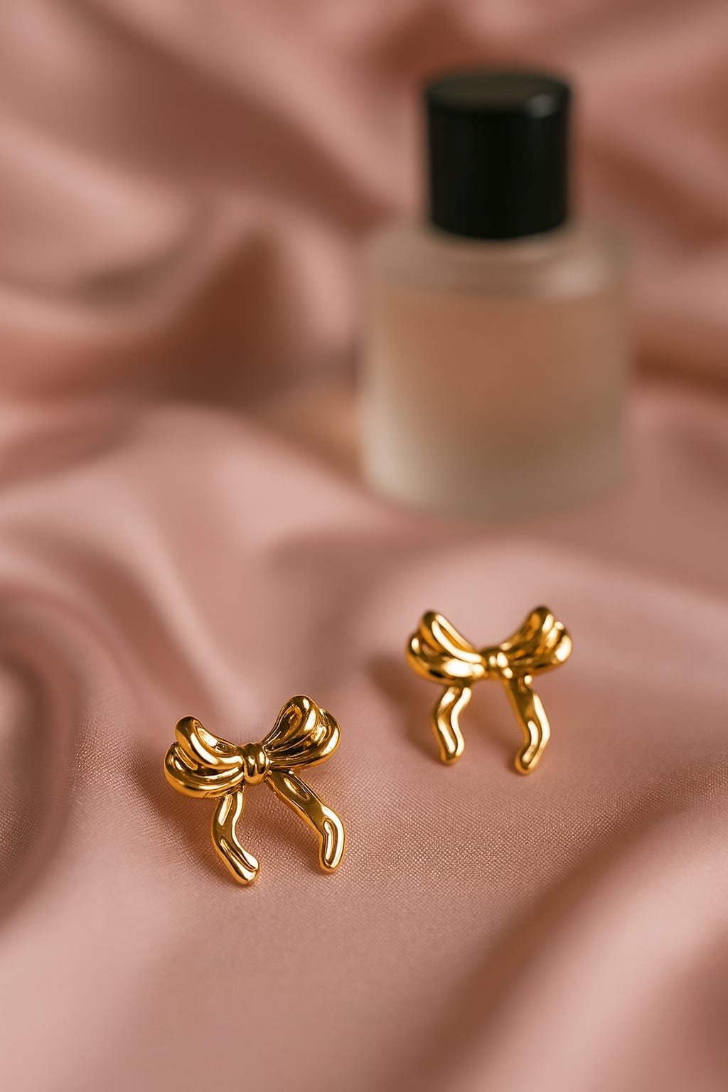 Korean Gold Ribbon Bow Stud Earrings - Image 2