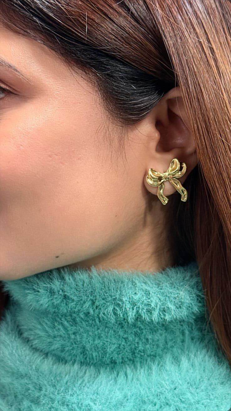 Korean Gold Ribbon Bow Stud Earrings - Image 3