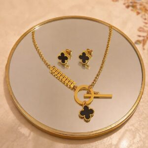 Sioura Clover Charm Gold Necklace Set with Matching Stud Earrings