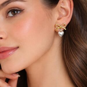 Golden Bow Heart Drop Earrings